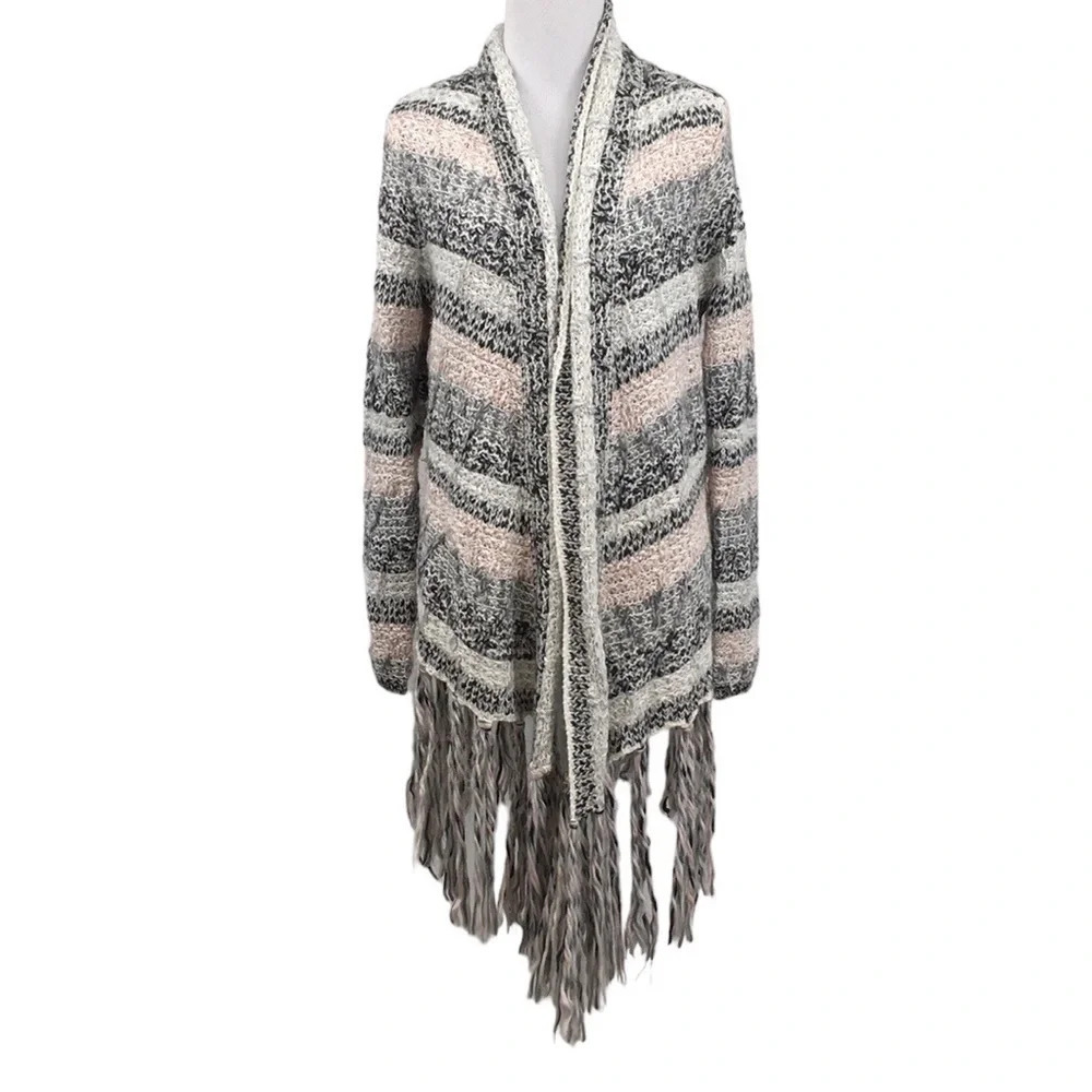 Chicos Duster Cardigan Womens 1‎ Medium Gray Pink Stripe Fringe Chunky Sweater